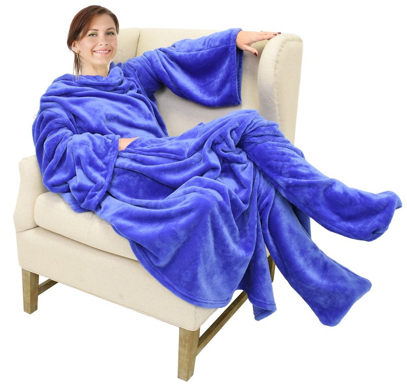 Catalonia Wearable Fleece Blanket with Sleeves and Foot Pockets for Adult Women Men, Micro Plush Comfy Wrap Sleeved Throw Blanket Robe Large, Blue - Image 1
